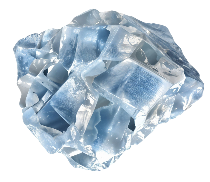 Blue, translucent crystal formation on black background.