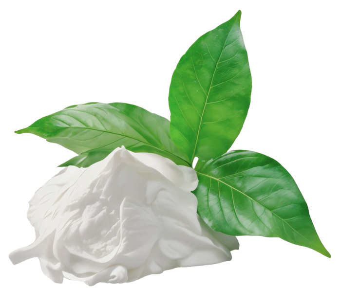 White flower with green leaves.