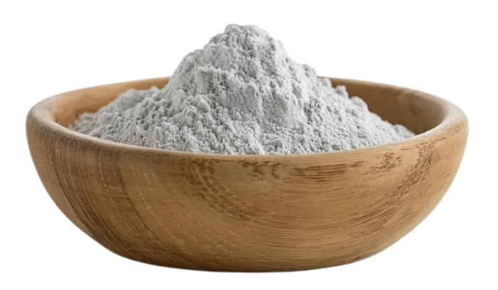 Wooden bowl filled with white powder.