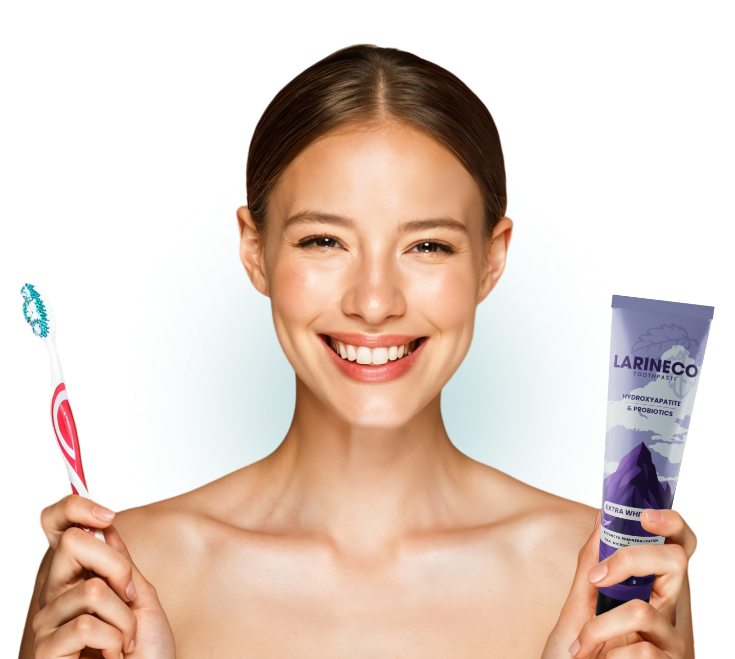 Woman holding toothbrush and toothpaste, smiling.