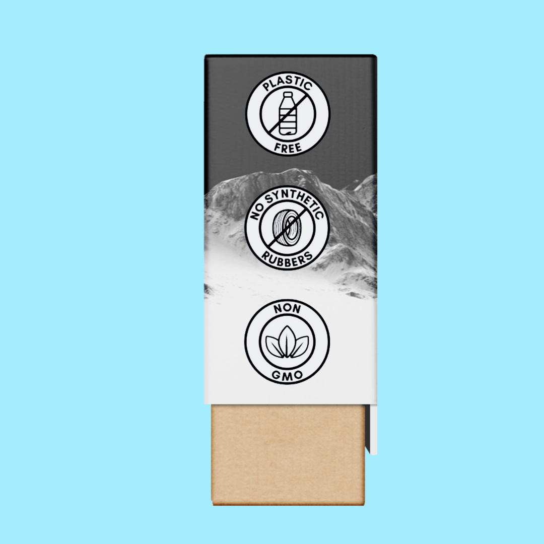 Product packaging with plastic-free, no synthetic rubbers, and non-GMO labels.