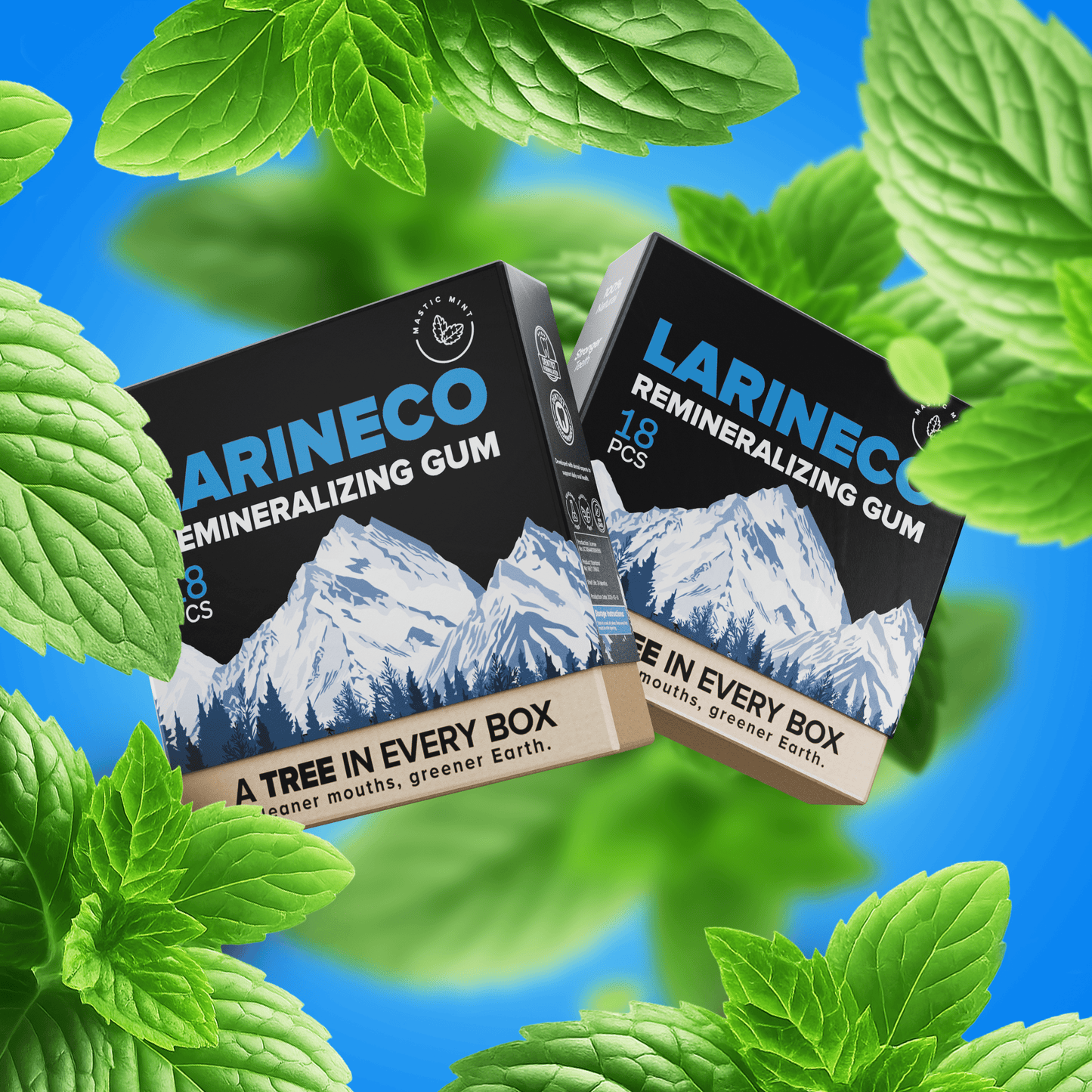 2MasticMint remineralizing gum with mint leaves