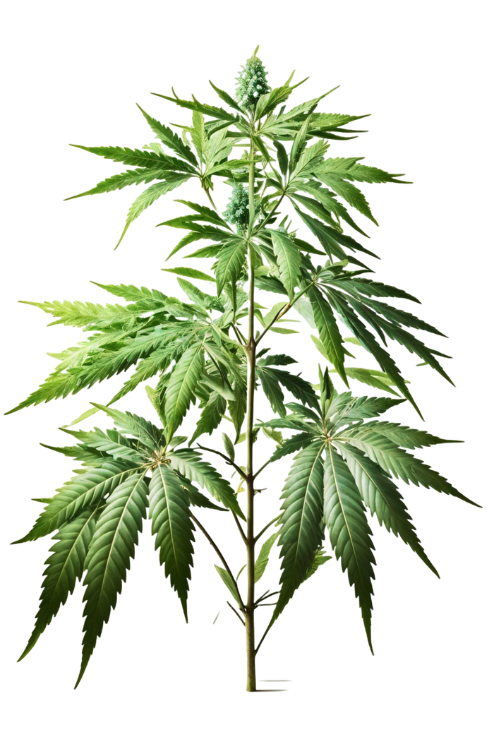 Cannabis plant with large green leaves and buds against a black background.