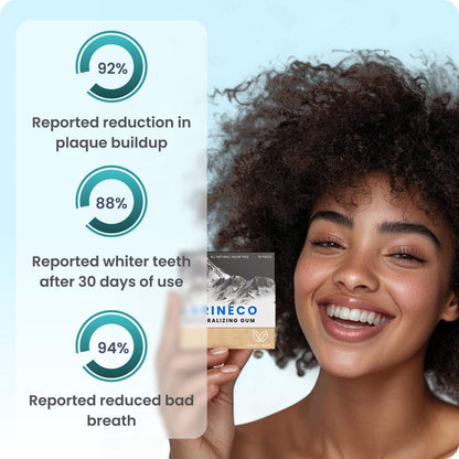 Woman smiling, holding gum packet, with percentage graphics.