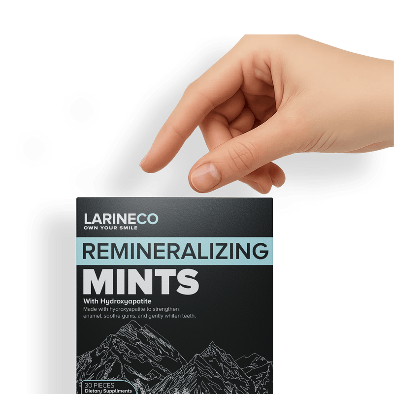 Hand pointing at Larineco Remineralizing Mints