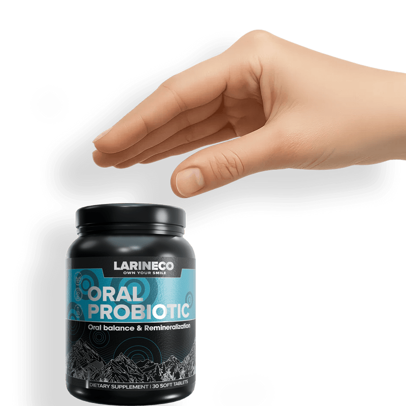 Hand reaching for Larineco Oral Probiotic bottle