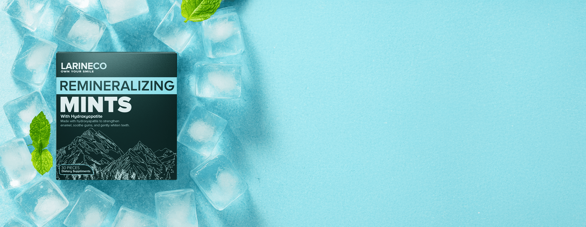 Larineco Remineralizing Mints on Mint Landing Page with ice and mint leaves