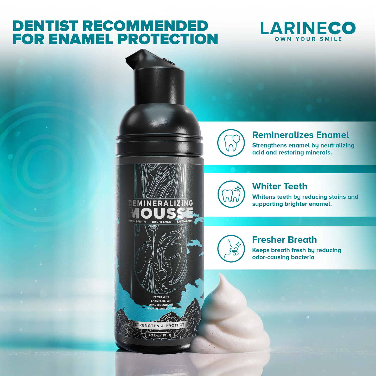 Larineco Mousse for enamel protection, whiter teeth, fresher breath.