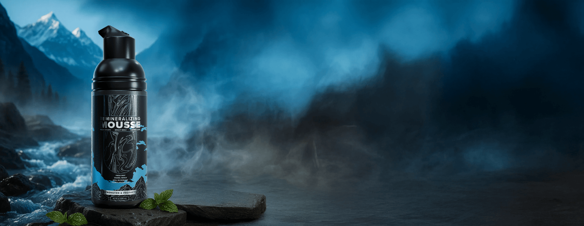 Bottle of Mousse with mountain background.