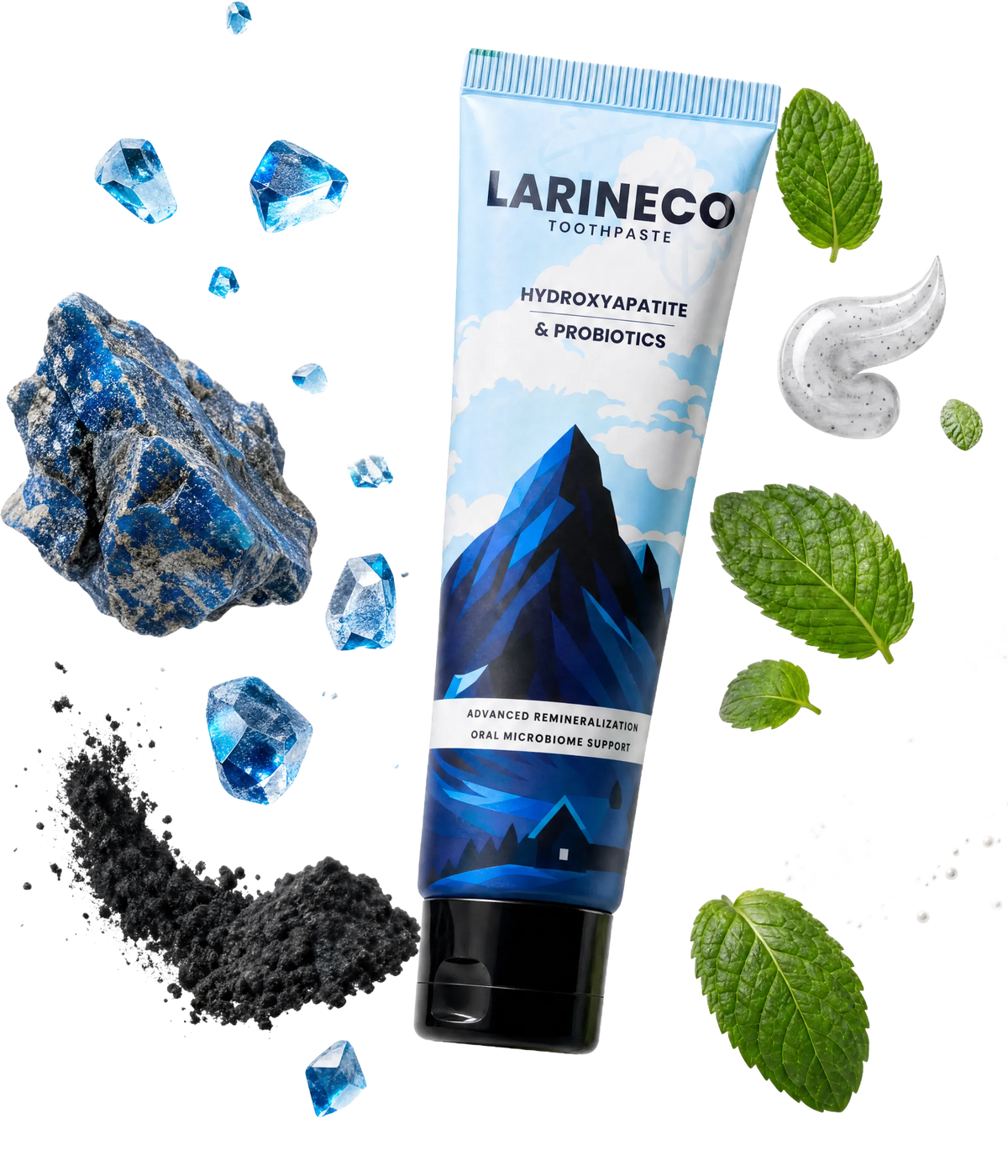 Toothpaste Hero with floating Raw Ingredients.webp