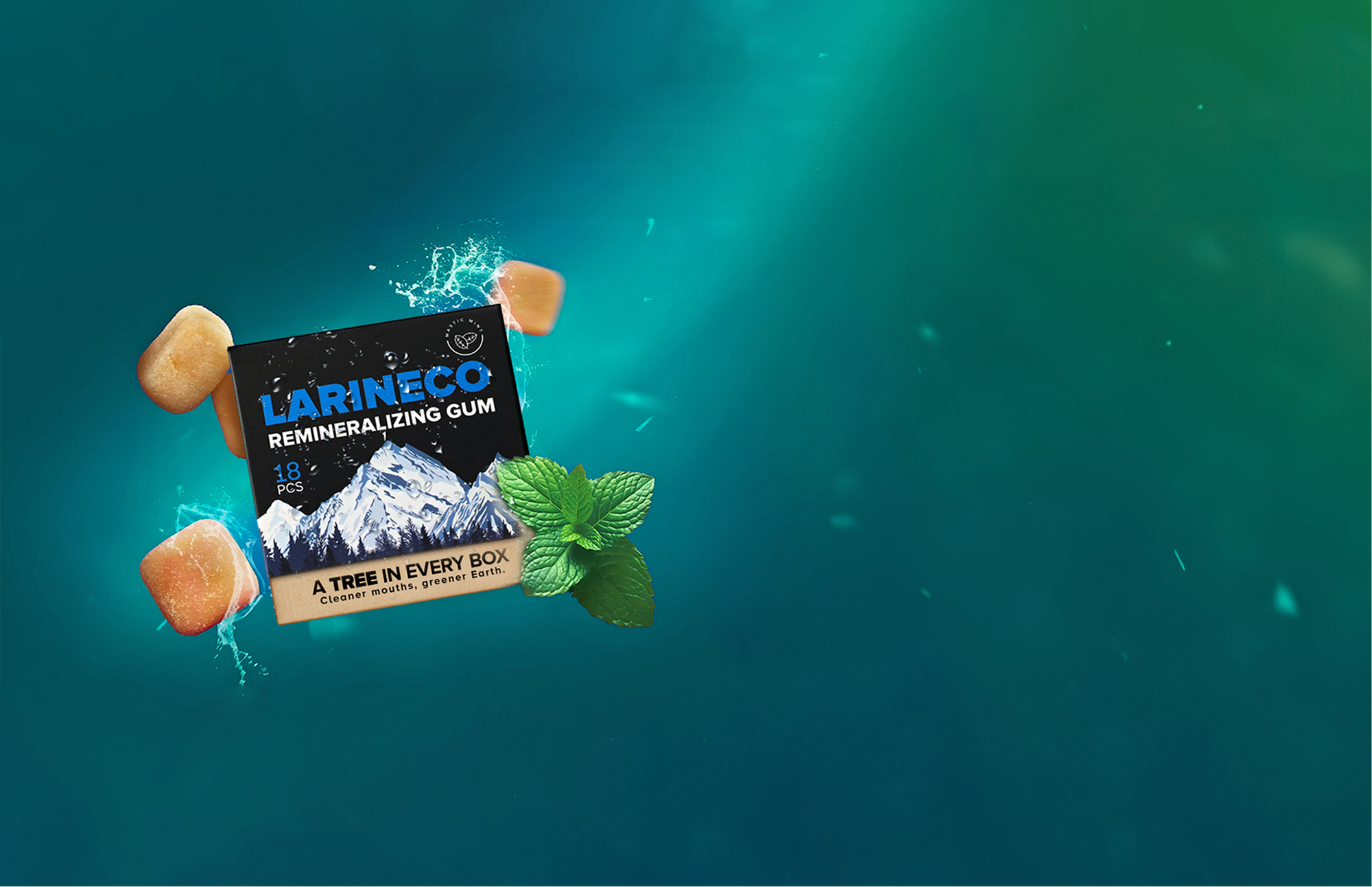 Box of gum with mint and cubes floating in water.