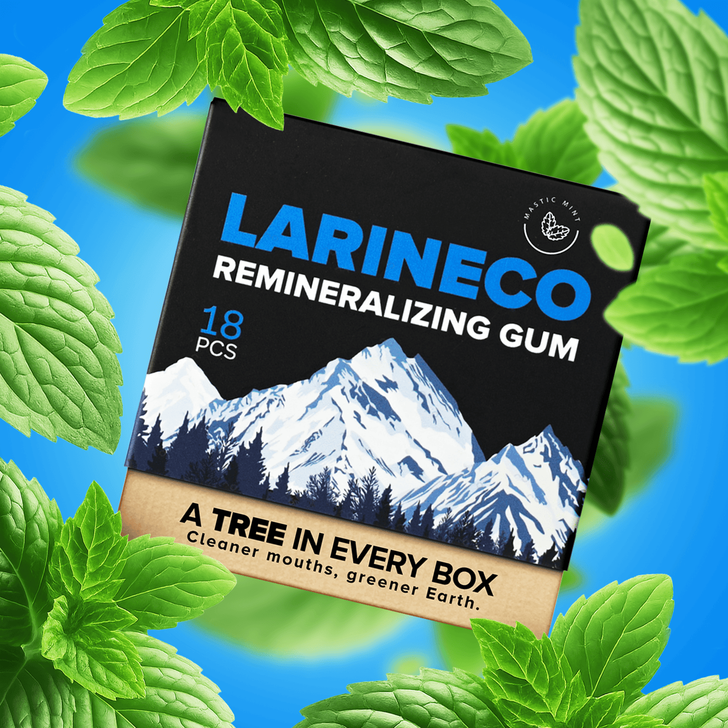 Larineco Remineralizing Gum box with mint leaves